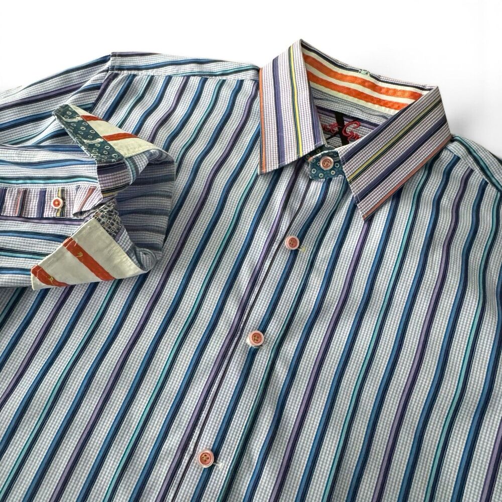 Robert Graham Button Up Shirt Men M Blue Striped Purple Trim Accent Cuff Collar